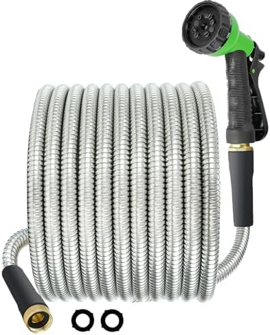 Metal Garden Hose 50FT, Heavy Duty Water Hose with Sprayer Nozzle - Leak Proof, Kink Free, Anti-rust, 5/8" Diameter Steel Hose, Ultra Lightweight & Durable Outdoor Hose by HOPITU