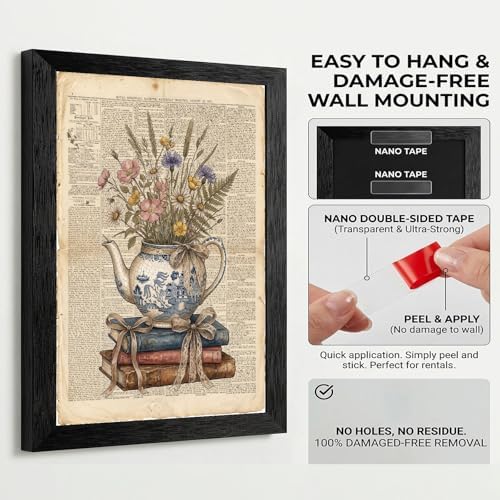 Framed Canvas Wall Art Vintage Teapot and Wildflowers Earthy Sepia Watercolor Book Page Canvas Print Poster Black Frame Wall Decor for Kitchen Bedroom Cottagecore Art, Rustic Decor - 24x36 Inch - Image 3