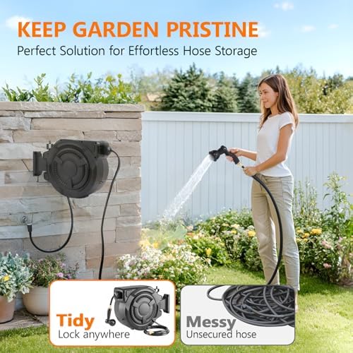 wikiwiki Retractable Garden Hose Reel, 1/2" x 65FT, Auto Rewind Wall Mount - Image 2