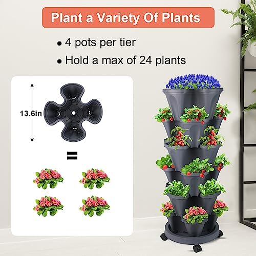 DUNCHATY Stackable Planter, Vertical Strawberry Planter with Garen Tool Set, Self Watering Garden Planter Indoor/Outdoor 7 Tier Herb Planter Pots for Growing Vegetables and Succulents, Dark Gray - Image 3