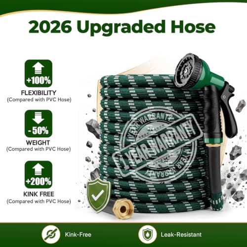 Garden Hose 100 ft, 2026 Upgraded Kink Free Flexible Water Hose 100ft With 10 Pattern Spray Nozzle, Leak-Proof, Portable, Ultra Lightweight & Durable Garden Hose for Yard, Lawn, Outdoor (DarkGreen) - Image 2
