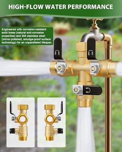 Garden Hose Splitter, 3 Way Heavy Duty Brass hose splitter, Water Hose Bib Spigot Splitter with 0.59" Full Flow Ball Valve Outlet & Shut-Off Valve 3/4'' Connector Outdoor Water Faucet Adapter - Image 5