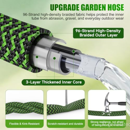 NON-EXPANDABLE Garden Hose 50ft x5/8'', Heavy Duty Flexible Water Hose with 10-Function Sprayer, Lightweight, Leak Proof, Durable Fabric Skin, Pressure Resistant for Yard, Outdoor - Image 3