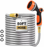 Metal Garden Hose 50 ft with 10 Function Sprayer Nozzle, Lightweight Stainless Steel Water Hose with 3/4" Solid Fittings, Flexible Kink Free Leak Proof for Yard, Patio, Outdoor & Car washing by SPRIKIR