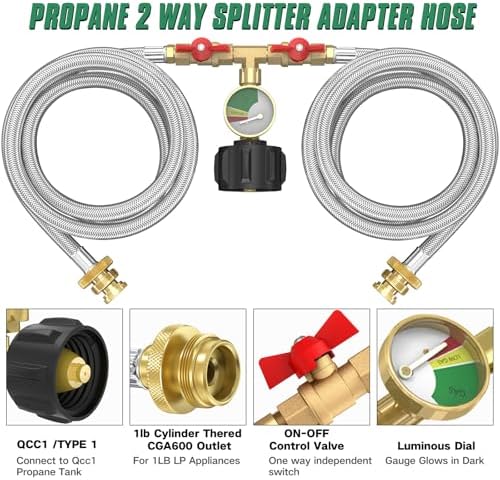 Upgraded 5FT Propane 2 Way Splitter Adapter Hose Stainless Braided Y Splitter Hose 1 lb to 20 lb Converter with Shut Off Valve with Gauge Propane Hose Adapter 1lb LP Appliances to QCC1 5-40lb Tank - Image 2