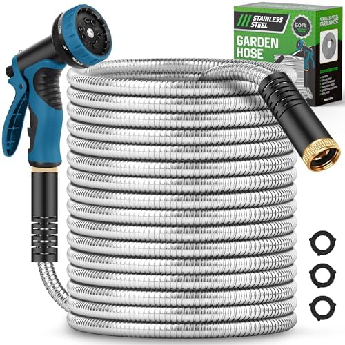 Metal Garden Hose 50FT with 10-Function Nozzle, No-Kink Water Hose by AdvinskiGardenhose