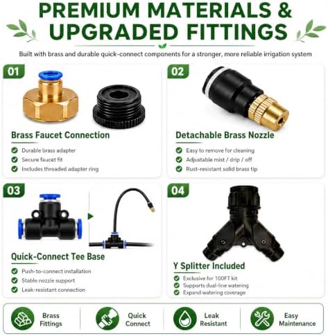 100FT 5/16" Garden Watering Kit with 32 Brass Nozzles & Y Splitter - Image 7