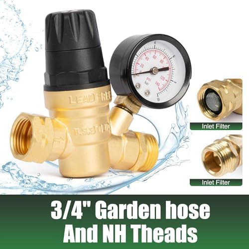 U.S. Solid 3/4 in GHT RV Water Pressure Regulator, Handwheel-Adjustable Lead-Free Brass, 45 psi Preset, 0-140 psi Gauge, Stainless Filter, for RV Camper Trailer and Garden Hose - Image 4