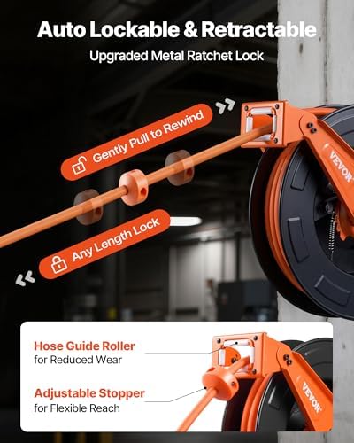 VEVOR Retractable Air Hose Reel, 3/8 Inch x 50 FT Rubber Air Hose Max 300PSI, Auto Rewind Air-Compressor Hoses Reel with 5 ft Lead in, Ceiling/Wall Mount Heavy Duty Steel Double Arm - Image 3