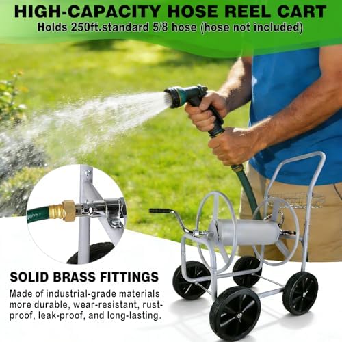 Hose Reel Cart, Garden Hose Reel Cart Holds Up to 250 ft of 5/8" Hose, Heavy Duty Water Hose Cart with 4 Wheels, Powder Coated Steel Garden Hose Storage Organizer with Storage Basket for Yard Lawn - Image 5