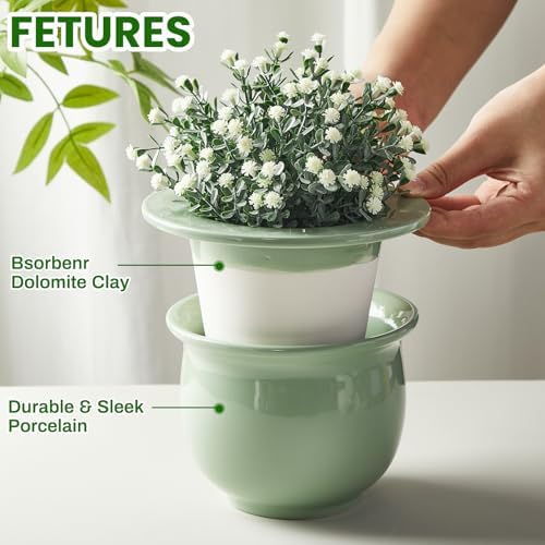 Suclain 2 Pack Ceramic African Violet Pots Self Watering Plant Pot Effortless Self Watering Plant Flower for Busy Lovers, Indoor(Green,6.5 Inch) - Image 3