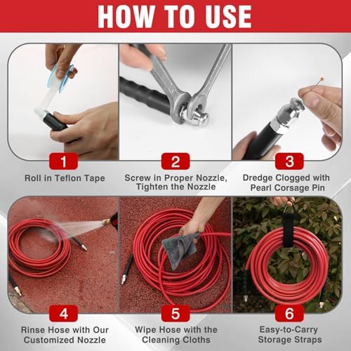 Sewer Jetter Kit 50FT for Pressure Washer, 5800 PSI Drain Cleaner Hose 1/4 Inch NPT with Spray Nozzle, Button Nose and Rotating Sewer Jetting Nozzle, Spanner Teflon Tape Pearl Corsage Pin - Image 5