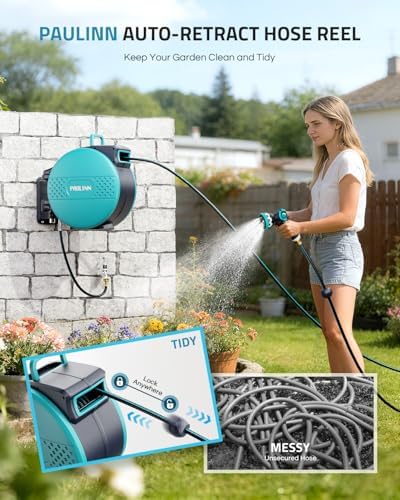 PAULINN Retractable Garden Hose Reel 1/2 Inch x 100 ft, Heavy Duty Wall Mounted Automatic Hose Reel with 10 Patterns Nozzle, Any Length Lock, Slow Return System, 180° Swivel Bracket & UV Resistant - Image 2