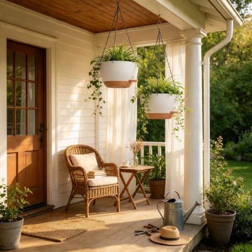 12" Self Watering Hanging Planters with Chains, White Brown, 2 Pack - Image 4