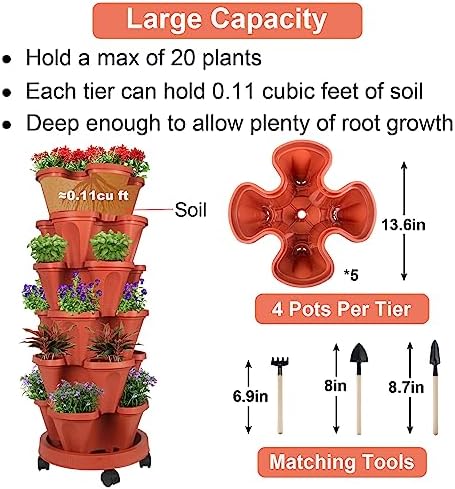 GameXcel Vertical Planter Tower - 6 Tier Stackable Garden Planters with Wheels and Tools Plant Pots for Strawberry Herb Flower and Vegetable Indoor Outdoor Use Red 2 Pack - Image 5