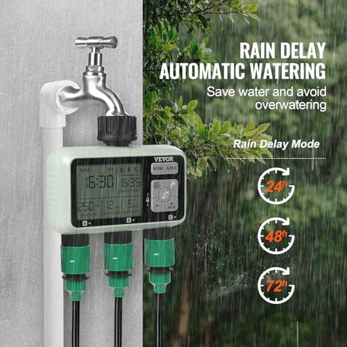 VEVOR Water Timer, 3 Outlets, Hose Watering Sprinkler Timer, with 3 Independent Watering Zone LCD Display Rain Delay Mode Manual Mode 360° Brass Inlet Metal Filter, IPX6 Waterproof for Yard Watering - Image 4