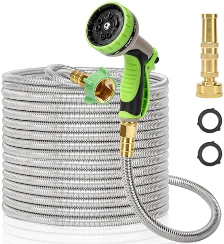 Garden Hose Metal 50 FT, Stainless Steel Hose, Water Hose with 10 Function Nozzle & Brass Nozzle, Lightweight, No Kink & Tangle, Easy to Use & Store, Heavy Duty Metal Hose for Yard and Lawn by Kuosdaz