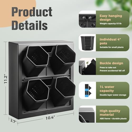 Wall-Mounted Planters Indoor, Living Wall Planter with 4 Pots - Vertical Planter Wall & Hanging Planter for Home, Office, Balcony or Shop No Assembly Required (Black) - Image 2