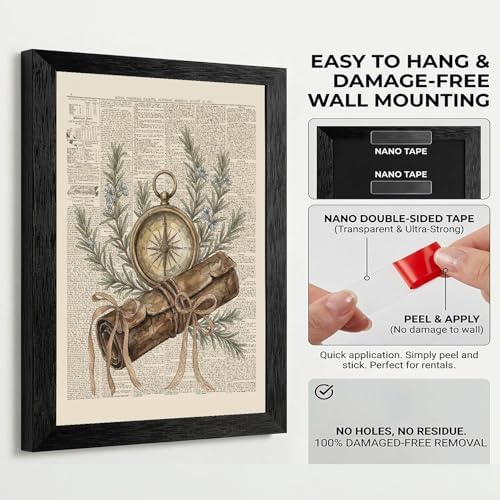 Framed Canvas Wall Art Vintage Antique Compass and Leather Map Muted Earthy Tones Rosemary on Aged Newspaper Canvas Print Poster Black Frame Wall Decor for Study Office Scholarly Decor, 12x16 Inch - Image 3