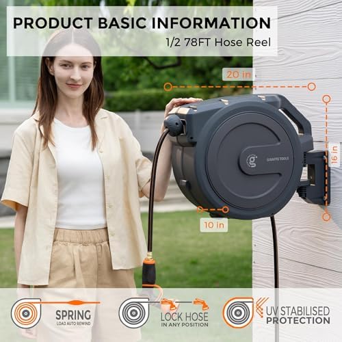 Giraffe Tools Retractable Garden Hose Reel 1/2"78FT Wall Mount Auto Rewind - Image 4
