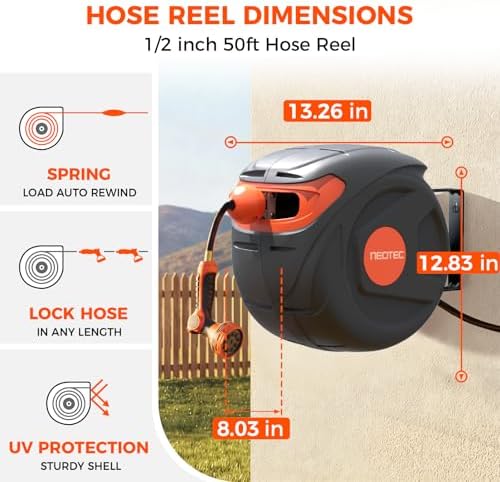 Wall-Mounted Retractable Hose Reel 1/2 Inch 50 Ft, Any Length Lock & 9 Pattern Nozzle, Automatic Slow Return, 180° Swivel, UV Resistant Heavy Duty Garden Hose Reel - Image 3