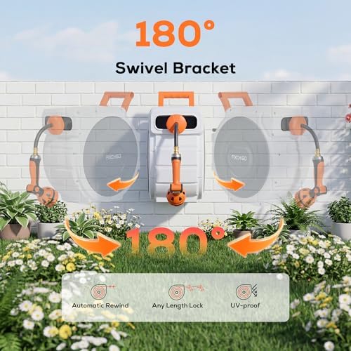 Retractable Hose Reel 5/8" x 100 FT, Heavy-Duty Garden Hose with Aluminum Bracket & Brass Seal, 10-Pattern Nozzle, Auto Rewind & Any-Length Lock, 180 Swivel, Wall Mount for Yard Lawn Patio - Image 5
