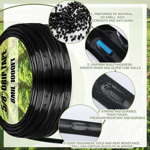 Tondiamo 1000' 5/8 Inch Drip Tape Irrigation Tubing Kit 8 Mil 6" Spacing Garden Hose Watering Tube Line Automatic Equipment for Garden Irrigation System Farms, Landscape, Lawn - Image 3
