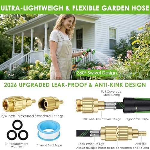 100 ft Non-Expanding Garden Hose, 360° Anti-Kink Swivel Fittings - Image 4