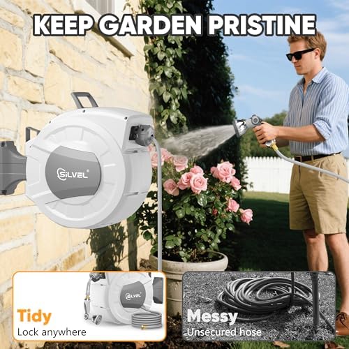 SILVEL Retractable Garden Hose Reel, 1/2 in x 110ft Wall Mount Heavy Duty Automatic Hose Reel with 10 Pattern Nozzle, Any Length Lock & Slow Return System, 180°Swivel Bracket Upgraded UV Resistant - Image 2