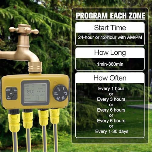Lawn Irrigation Timers 4 Zone, Programmable Water Timer for Garden Hose with Rain Delay, Smart Automatic Watering System, Easy Set Sprinkler Timer for 3/4 1/2 Faucet Outdoor Yard - Image 4