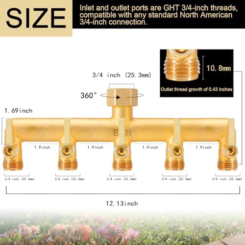 EBH Brass Garden Hose Splitter, 5 Way Outdoor Frostproof Tap Hose Splitter with 5 Individual On/Off Valve and Extended Handle, GHT 3/4-Inch Heavy Duty Hex Female Inlet and 3/4-Inch Male Outlet - Image 2