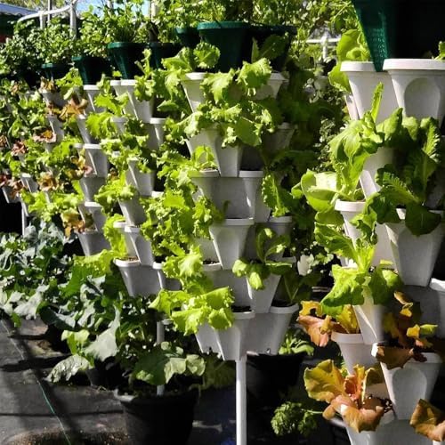 Vertical Garden Planter 4 Tier Stackable System 16 Plants, Space Saving Herb, Strawberry & Food Crop Planter with Center Support Hole for Indoor Outdoor Gardening (4, Stone, Small) - Image 7