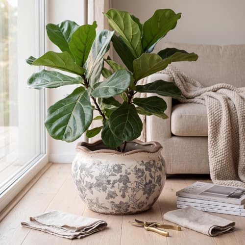 Geetery Ceramic Planter Pot 11 Inch Round Plant Pot, Floral, Grey, Large - Image 4