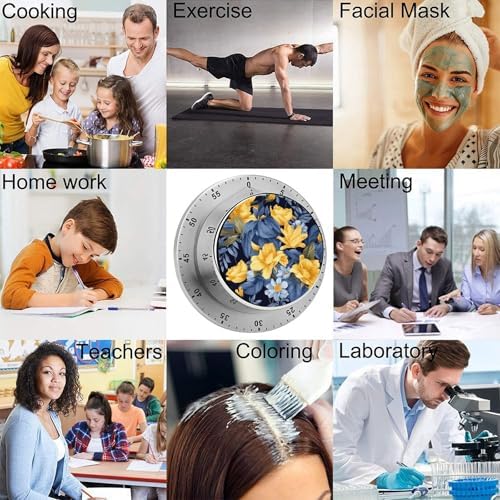 Mechanical Kitchen Timers for Cooking,Blue Base Yellow Floral Printed 60 Minute Magnetic Countdown Timer,Cute Cooking Timers with Alarm,Stainless Steel Time Timer Manual No Batteries Required - Image 5