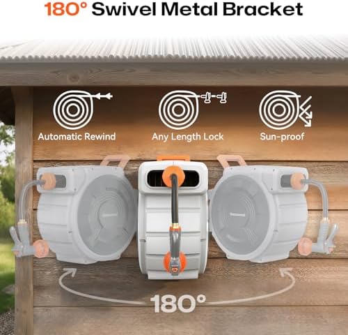 Retractable Garden Hose Reel, 5/8 Inch 100FT Wall Mounted Heavy Duty Garden Hose Reel with 9 Patterns Nozzle, Any Length Lock, Upgraded Slow Return System and 180°Swivel Metal Bracket (5/8" 100FT) - Image 3