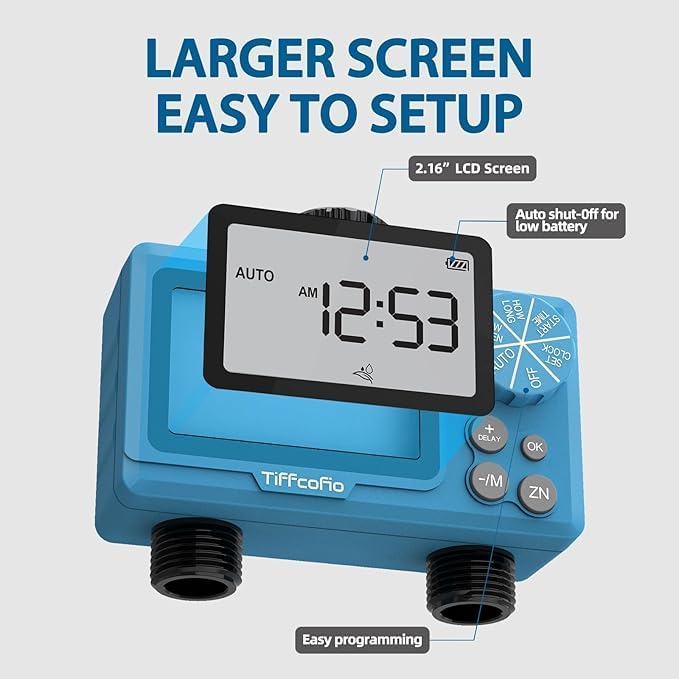 TiFFCOFiO Sprinkler Timer Outdoor, Digital Programmable for Garden Hose, Irrigrtion Timer with Rain Delay and Manual Mode (2 Outlets, 2 Packs) - Image 3