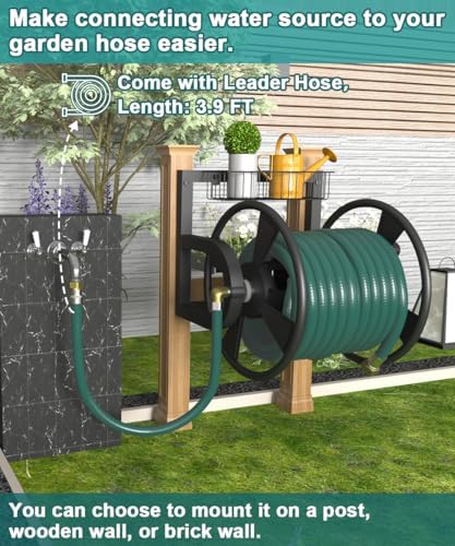 Artigarden Garden Wall Mounted Hose Reel, Outdoor Heavy-Duty Water Hose Holder Winder, Holds 125 Feet of 5/8-Inch Hose, with 3.9 ft Leader Hose, Water Fitting and Storage Basket for Yard, Black - Image 3