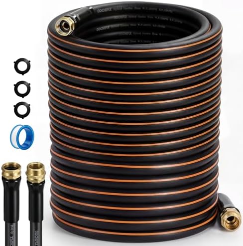 Garden Hose, 75ft 5/8" Heavy Duty Rubber Water Hose, 550 PSI Burst, 360° Anti-Kink Swivel Connectors, All-Weather Flexible, Leakproof 3/4" Brass Male to Female Fittings by GOCHIFIX