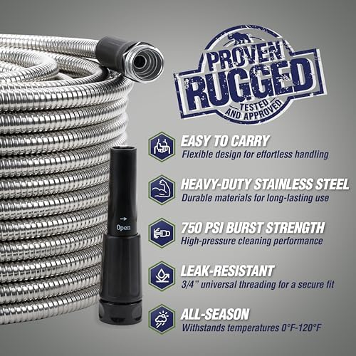 RUGGED RHINO Metal Garden Hose with Spray Nozzle, 100FT, 304 Stainless Steel, 750 PSI Burst Strength, Heavy Duty Flexible Water Hose, Kink Resistant, Leakproof for Yard, Lawn and Outdoor Use, Silver - Image 2