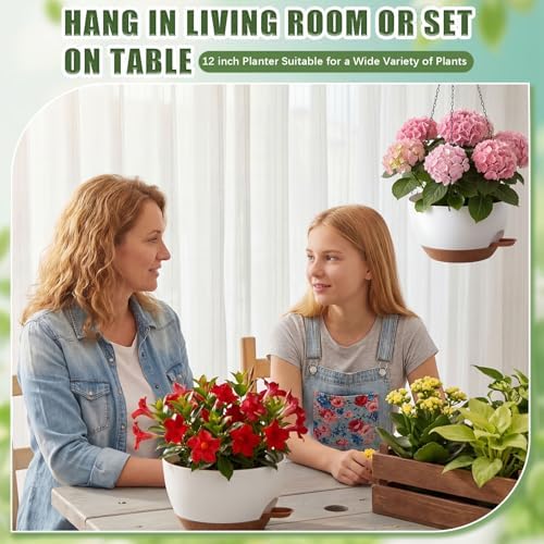 Sliner Set of 4-10 Inch Self Watering Hanging Planters Includes Hanging Pots and Outdoor Hanger Plant Pots with Drainage Holes 2 Types of Hanger Basket Hooks for Patio Garden(White Brown) - Image 4