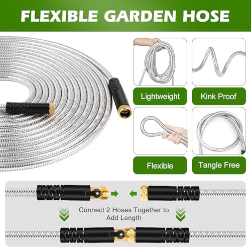 Metal Garden Hose 25 ft Stainless Steel Heavy Duty Water Hose with 10 Function Nozzles Flexible Lightweight Kink-Free Leakproof Sturdy Hoses Pipe 3/4" Brass Fitting for Outdoor Yard Lawn RV - Image 3