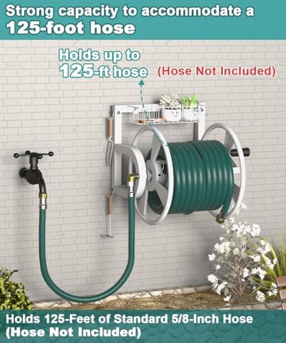 Artigarden Outdoor Wall Mounted Hose Reel with Hook, Garden Heavy-Duty Water Hose Holder Winder with 3.9 ft Leader Hose, Brass Fitting and Storage Basket for Yard, Holds 125 Ft of 5/8-Inch Hose, White - Image 4