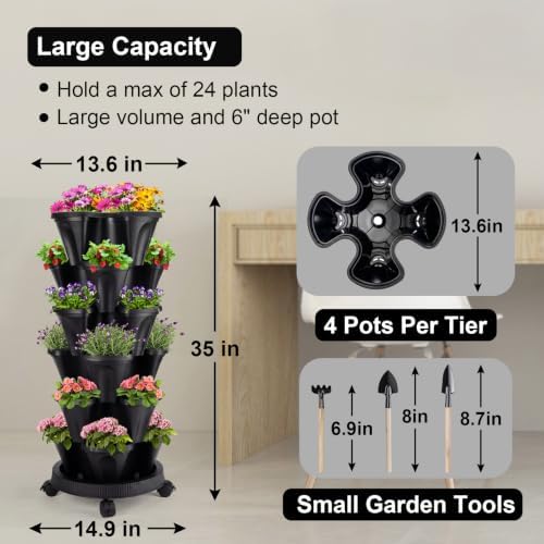 GameXcel Vertical Planter Tower - 6 Tier Stackable Garden Planters with Wheels and Garden Tool Set Plant Pots for Strawberry Herb Flower and Vegetable Indoor Outdoor Use Black - Image 5