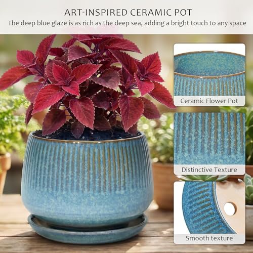 7.5 Inch Ceramic Planter with Saucer,Modern Garden Pots with Drainage Hole Mesh Net, for Indoor Outdoor Use (Crackle Blue) - Image 3