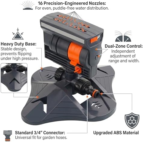 Adjustable 16-Nozzle Oscillating Sprinkler with Dual-Zone Water, 16-Hole Automatic Rocking Irrigation System, Turbo Orbit Mist Sprinklers for Lawn Yard Garden (Orange) - Image 2