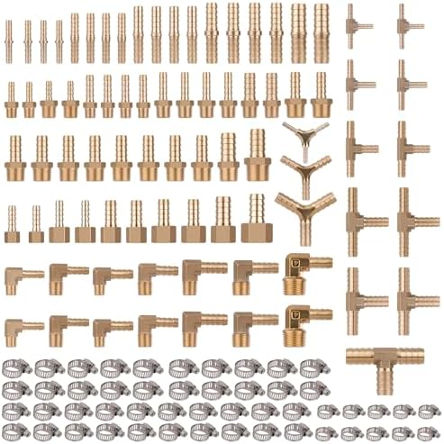 KOOTANS 132pcs Brass Hose Barb Fittings Assortment Kit Barb Splicer, Male Coupler, Female Adapter, 90° Male Elbow, Tee, Y Shaped Union Air Hose Fittings with Clamps for Water Fuel Air Line Connector - Image 2