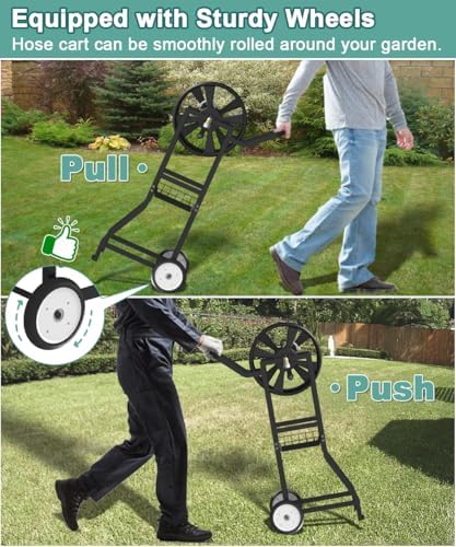 Artigarden Garden Hose Reel Cart with Wheels, Outdoor Heavy Duty Powder Coated Steel Water Winder Storage Holds 125 ft 5/8" Hoses with 3.9ft Leader Hose and Basket for Backyard, Yard, Lawn, Black - Image 3