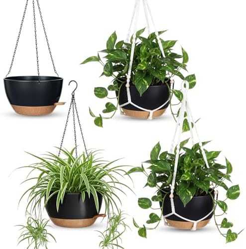 Sliner Set of 4-10 Inch Self Watering Hanging Planters Includes Hanging Pots and Outdoor Hanger Plant Pots with Drainage Holes 2 Types of Hanger Basket Hooks for Patio Garden(Black Brown) by Sliner