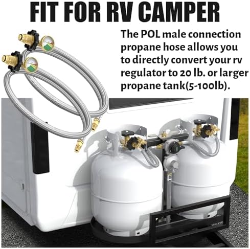 2 Packs RV Propane Pigtail Hoses, 24 Inch Stainless Steel Braided Camper Tank Hose with Gauge,Rv lp Gas Hoses Connector for Standard Two-Stage Regulator, 5-100lb,1/4" inverted male flare/POL Fitting - Image 7