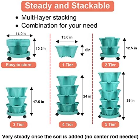 GameXcel Vertical Planter Tower - 5 Tier Stackable Garden Planters with Wheels and Tools Plant Pots for Strawberry Herb Flower and Vegetable Indoor Outdoor Use Teal 2 Pack - Image 6